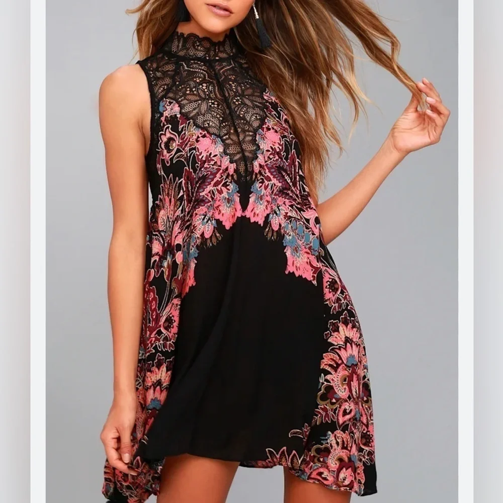 Free People Black and Pink Sleeveless Mock Neck A-line Dress